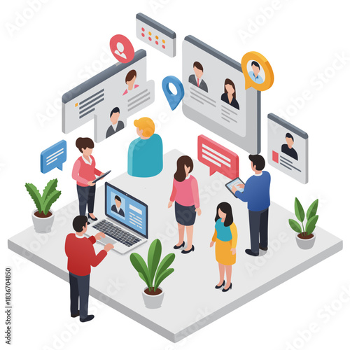 Isometric illustration depicting a recruitment process with diverse candidates and hiring managers discussing profiles and resumes with digital tools and plants in a modern office setting