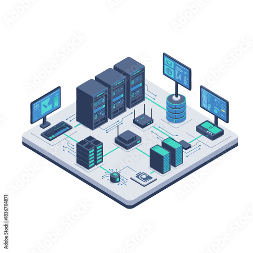 Isometric 3D Vector of a Data Center with Servers Networking Equipment and Monitors Illustrating Digital Information Technology Concepts and Cloud Computing Infrastructure