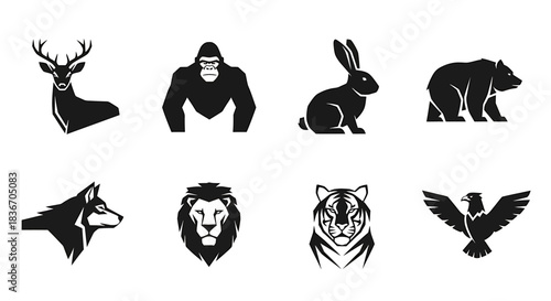 Collection of Animal Icons Majestic Deer, Powerful Gorilla, Playful Rabbit, Fierce Bear, Sly Wolf, Regal Lion, Striking Tiger, and Soaring Eagle
