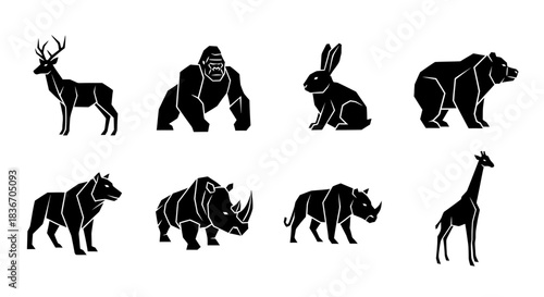 Silhouettes of Deer, Gorilla, Rabbit, Bear, Wolf, Bison, and Giraffe Animals in Vector Illustration on White Background