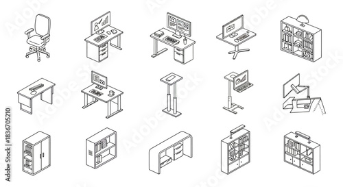 office furniture isometric illustrations modern workspaces and storage solutions for contemporary interiors ideal for architectural plans and design mockups.