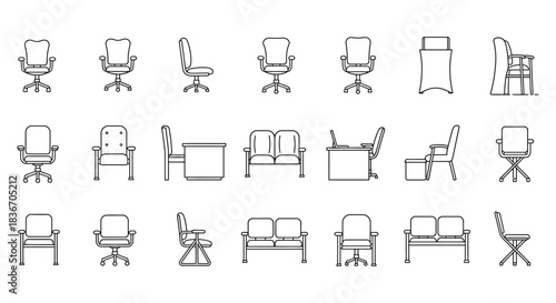 office furniture line art of office chairs and desks for interior design projects and illustrating ergonomic workspaces promoting comfort