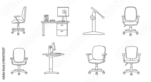 Office furniture line drawing desks and chairs in simple black and white for office design promoting workplace work from home setups ergonomics