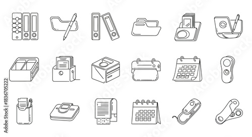 office supplies icons line art drawings of desk organizers file folders and stationery for business admin and workplace efficiency vector illustration