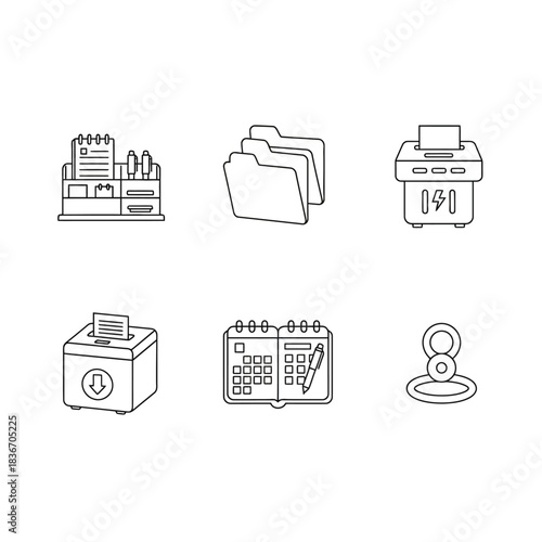 office supplies icons organizer with stationery file folders shredder reminder calendar and binder clip line art designs for business needs.