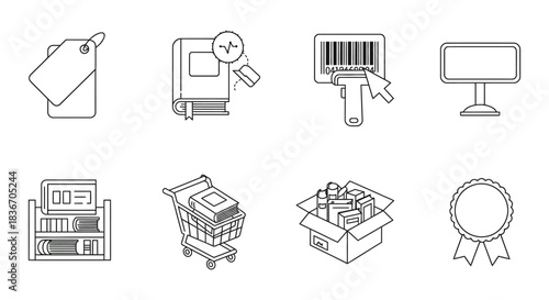 Online bookstore icons shopping for books online a modern way to purchase reading materials digital books e-commerce and online retail business.