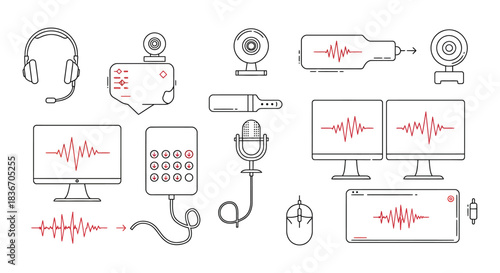 online meeting vector elements for virtual communication headsets webcams microphone monitors  signal waveforms for telecommuting needs.