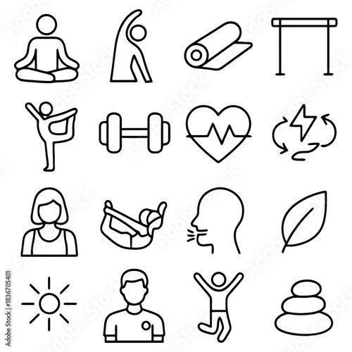 Wellness Icons Illustration: A collection of meticulously crafted, minimalistic icons representing various facets of health, fitness, and overall well-being. Ideal for promoting a healthy lifestyle.