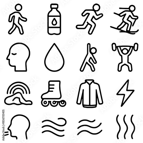 Health and Wellness Icons: Collection of simple, graphic icons related to health and wellness, showcasing activities such as exercise, healthy living, and mindfulness. 