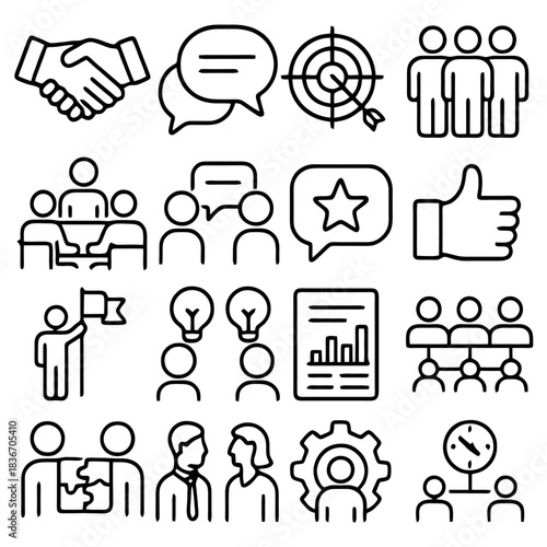 Business Icons: A curated collection of business-related icons that convey various aspects of teamwork, goals, and communication, perfect for business and marketing content.