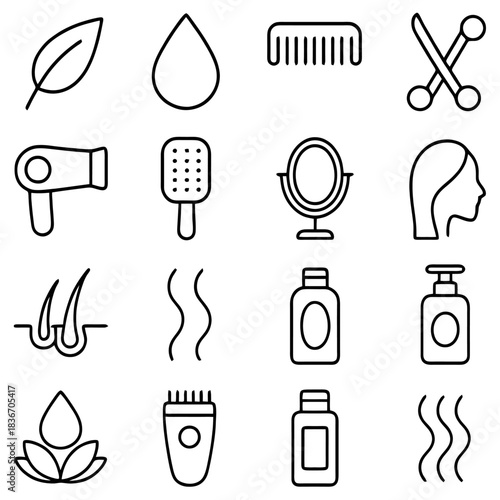 Hair and Beauty Icon Set: A neatly organized set of line-art icons related to hair care and beauty, symbolizing various aspects of personal grooming and style.
