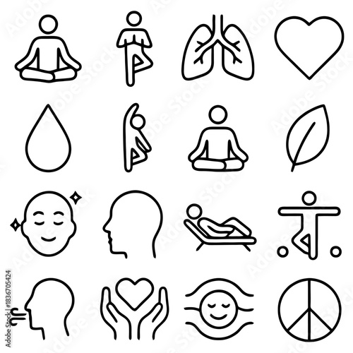 Wellness and Inner Peace Icons: A collection of simple, elegant icons representing concepts of mindfulness, meditation, well-being, healthy living, and inner peace.