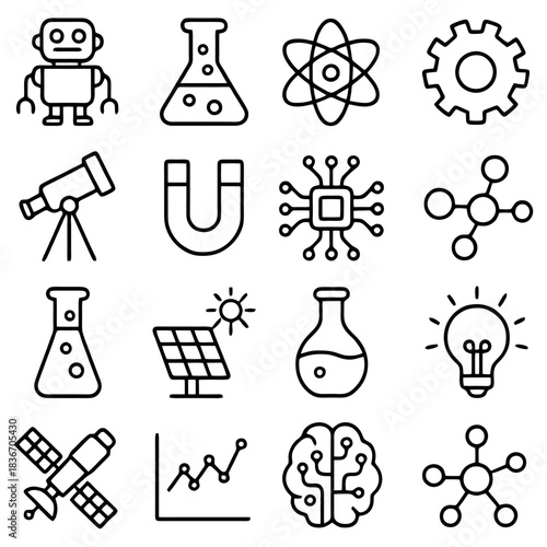 Science Icon Collection: A series of clean, concise icons representing key concepts and objects within science and technology, perfect for educational or illustrative purposes.