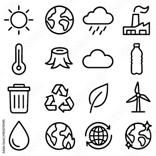 Environmental Icons: A collection of concise icons illustrating key environmental elements. Perfect for use in sustainable design and informational materials.
