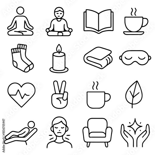 Tranquility Icons: This illustration features an array of minimalist icons representing serenity and mindfulness, perfect for themes of relaxation and self-care. 