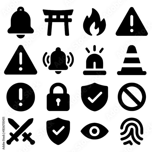 Safety and Security Icon Set: A comprehensive collection of iconic symbols representing various safety measures and security elements for your design needs. 