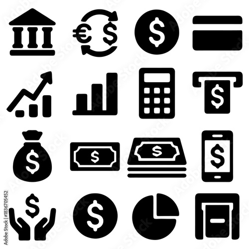 Financial Icons: A collection of meticulously crafted financial icons, encompassing symbols of banking, currency exchange, investment, and transactions.