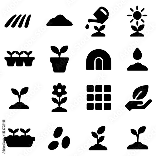 Gardening Elements and symbols:  A set of gardening icons, a visual representation of the stages of growth, from the preparation of the soil to the nurturing of plants.
