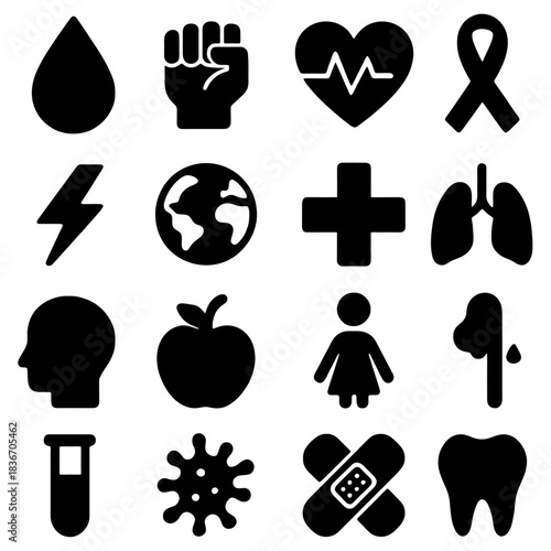 Iconic Medical and Health Collection: A comprehensive set of black silhouette icons representing diverse facets of health, medical science, and wellness. Showcasing important concept.