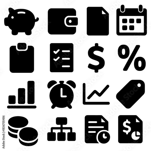 Financial Icons: A collection of simple, flat design icons representing finance, banking, business, and monetary concepts, illustrating various financial elements and transactions. 