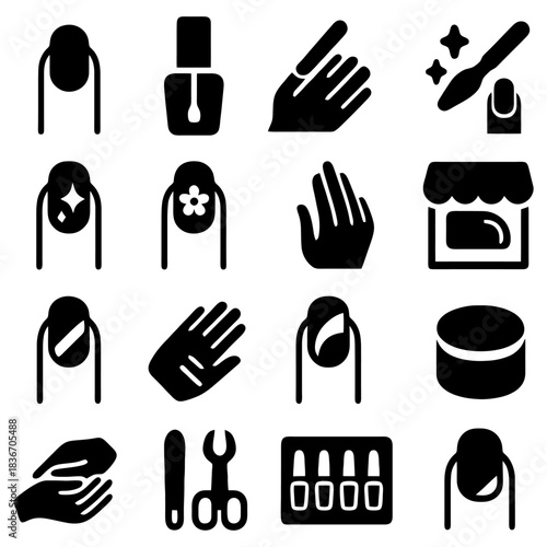 Nail Care Icons: A collection of various icons related to nail care, encompassing tools, treatments, and procedures for enhancing and maintaining the beauty of nails.