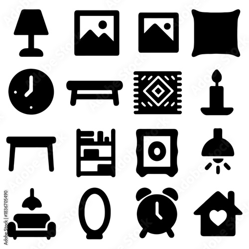 Interior Design Icon Collection: A comprehensive compilation of sleek, minimalist icons, offering essential elements for interior design, embodying style and functionality.