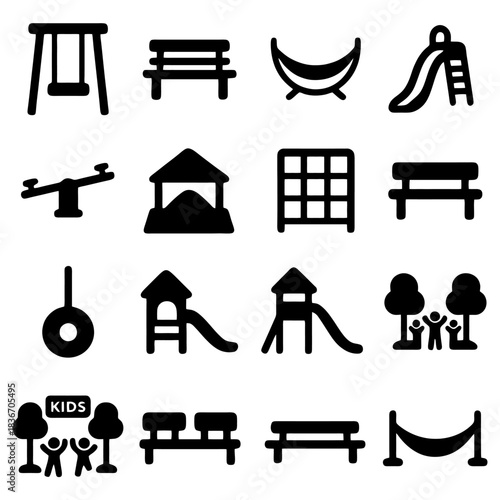 Playground Equipment Icons: A collection of various playful icons representing different types of outdoor play structures, perfect for illustrating recreational areas.