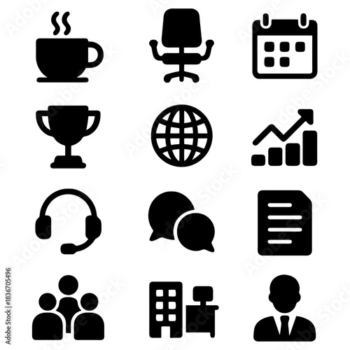 Office Icon Collection: A meticulously curated collection of minimalistic office icons, meticulously rendered in a classic black and white style, showcasing the essence of a modern workplace.