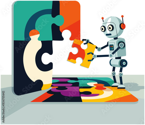 A cute robot with headphones is assembling a large, colorful jigsaw puzzle, placing a yellow and red piece into the incomplete picture.