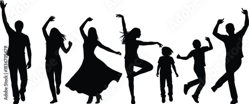 Art & IllustrationPeople Dancers Silhouette Set Isolated on White Background for Party Celebration Concept, Including Diverse Adults and Children Moving, Dancing, and Cheering in Dynamic Poses 
