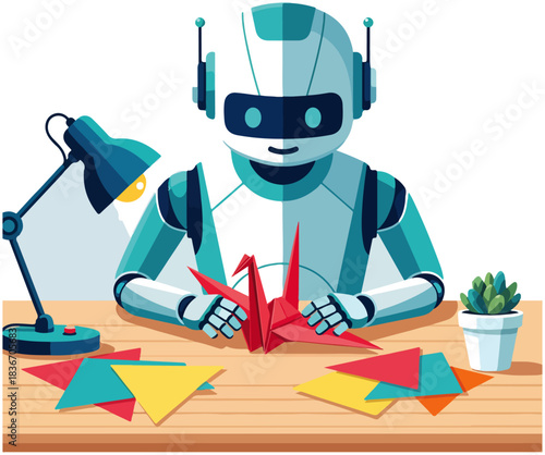 A friendly robot sits at a wooden desk, meticulously folding a red origami crane, surrounded by colorful paper and a glowing lamp, showcasing creativity.