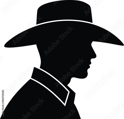 Profile silhouette vector of a man wearing a wide-brimmed cowboy hat and collared shirt, representing western culture, a rancher, country music, and rugged confidence.
