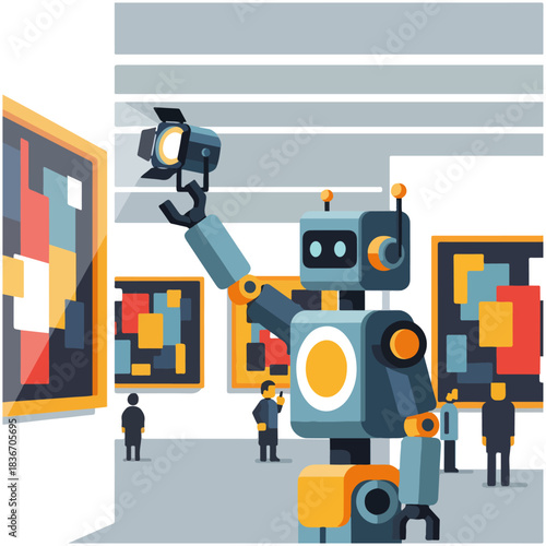 A robot with a spotlight examining abstract art in a modern gallery with human visitors.