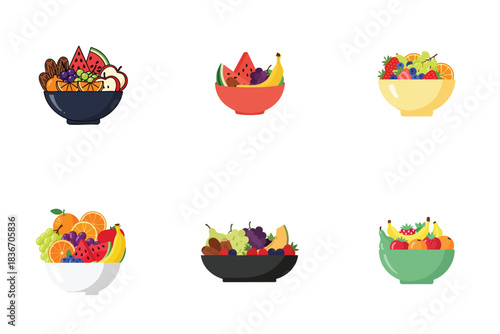 Fruit Bowl Assortment Flat Vector Fresh Colorful Fruits
