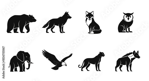 Silhouettes of Wild Animals Including Bear, Wolf, Cat, Owl, Elephant, Eagle, Cheetah, and Hyena in Minimalist Black and White Graphic Design