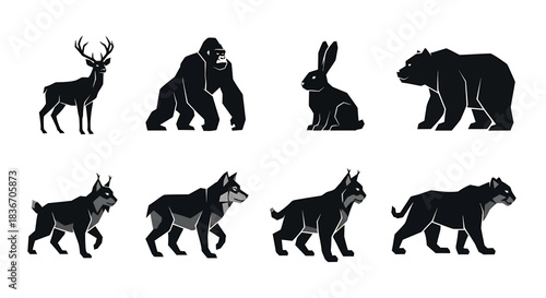 Collection of Silhouettes of Various Animals including Deer, Gorilla, Rabbit, Bear, Goat, Wolf, Lynx, and Panther