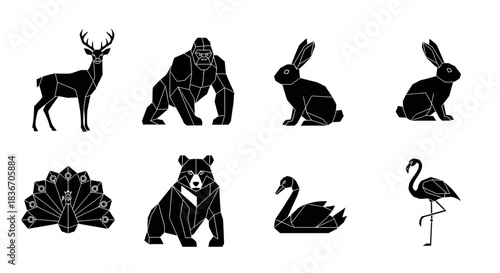 Diverse collection of geometric black animal vector silhouettes, featuring iconic wildlife like deer, gorilla, bear, swan, and flamingo, ideal for modern graphic design projects