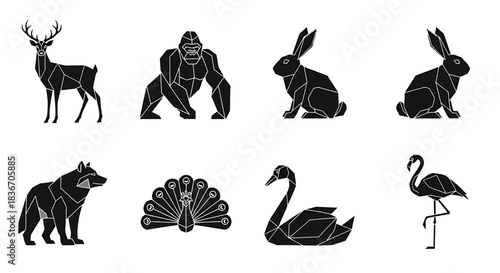 Geometric Animal Icon Set Featuring A Deer, Gorilla, Rabbits, Wolf, Peacock, Swan, And Flamingo In Black And White