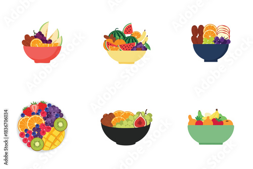 Fruit Bowl Variety Flat Vector Fresh Tropical Fruits