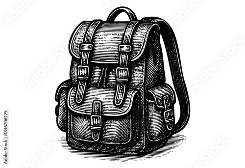 Detailed Vintage Backpack With Buckles and Straps, Presented in a Classic Woodcut Style — Stock Illustration.