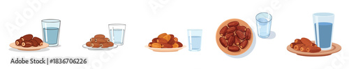 Dates Water Set Flat Vector Fresh Sweet Dates
