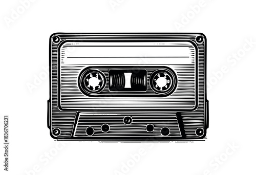 Monochrome Vintage Audio Cassette Tape in Retro Engraving Style Isolated on White Background — Stock Illustration.