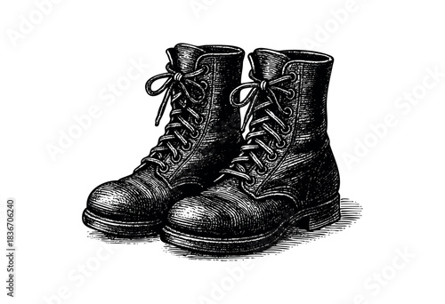 Engraved Military Boots With Laces and Classic Style Isolated on White — Stock Illustration.