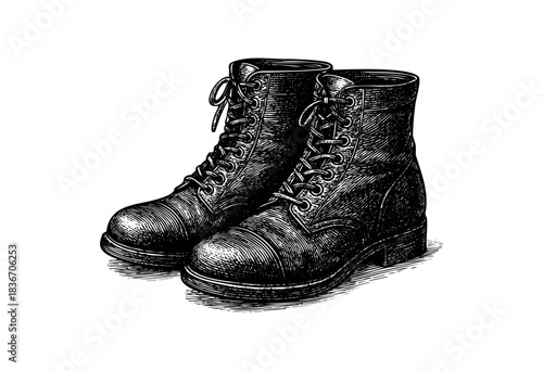 Detailed Engraving of Leather Work Boots, Isolated on a White Background — Stock Illustration.