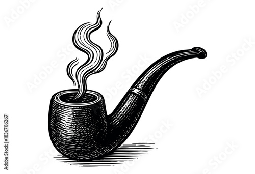 Engraved Illustration of a Smoking Pipe With Curling Smoke on a White Background — Stock Vector.
