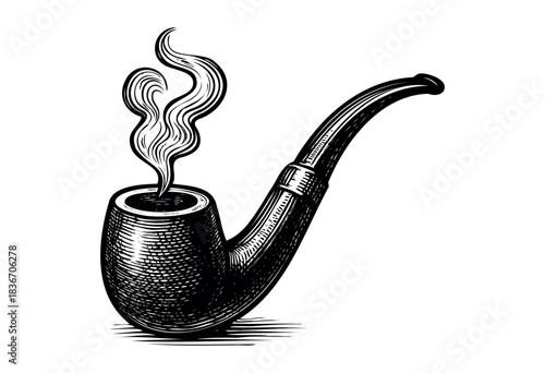 A Black and White Engraving of a Smoking Pipe With Plumes of Smoke — Stock Illustration.