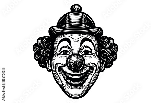 Vintage Style Illustration of a Laughing Clown Face With Hat and Curly Hair in a Black and White Etched Style — Stock Illustration.