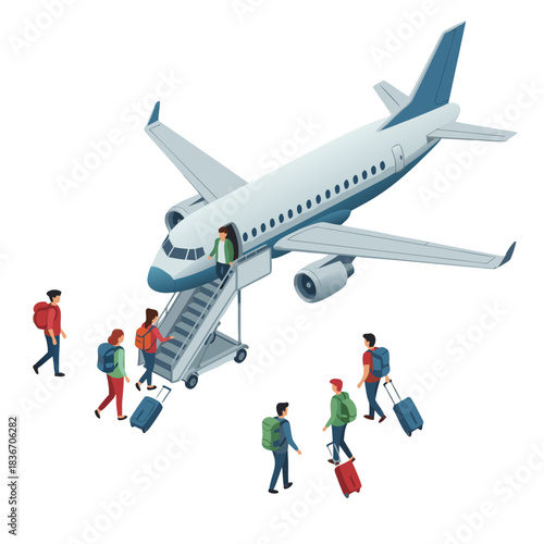 Isometric illustration of diverse travelers with luggage boarding a commercial airplane on a clear day with blue sky and white clouds depicted in a vector art style