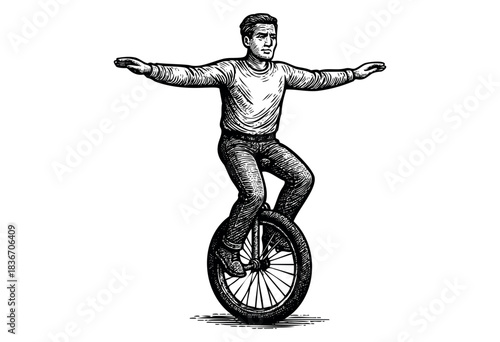 An Illustration of a Man Riding a Unicycle With Arms Outstretched, Rendered in a Vintage Engraving Style — Stock Illustration.