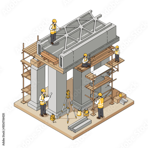 Isometric Vector Illustration of Construction Workers Building a Large Bridge Structure with Scaffolding and Surveying Equipment on a Textured Ground Surface